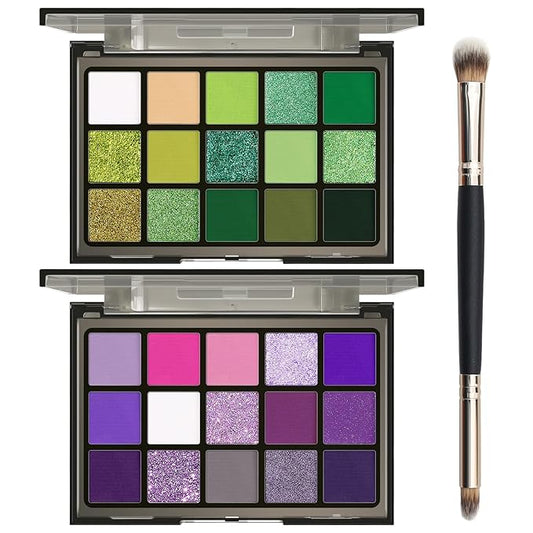 UCANBE 2pcs Eyeshadow Palette Makeup Set, Green Purple Color Shimmer Matte Metallic Eye Shadow Pallet with Soft Brush Eye Make Up Kit for Halloween Cosplay Costume Beetlejuice Medusa Poison Ivy Ursula-Velvo Beauty