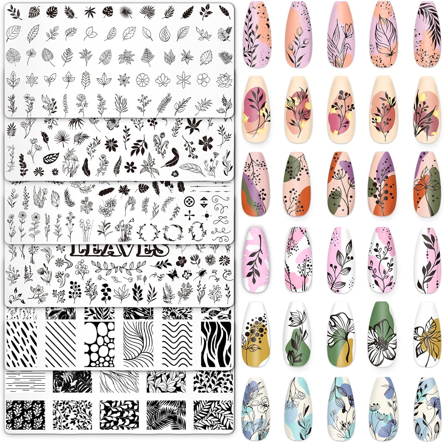 Whaline 6Pcs Spring Floral Leaves Nail Plates Stamping Set Plant Leaves Stamp Templates Nail Art Plates for DIY Print Manicure Salon Design-Velvo Beauty
