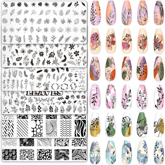 Whaline 6Pcs Spring Floral Leaves Nail Plates Stamping Set Plant Leaves Stamp Templates Nail Art Plates for DIY Print Manicure Salon Design-Velvo Beauty
