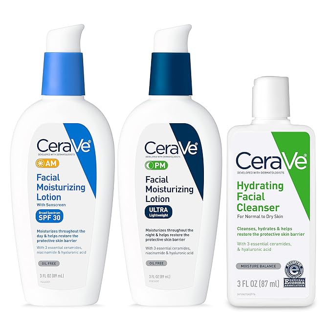 CeraVe AM Face Moisturizer with SPF, PM Face Moisturizer & Hydrating Face Wash Skin Care Routine for Morning & Night | Travel Size Toiletries | 3oz Lotion + 3oz Lotion + 3oz Cleanser-Velvo Beauty