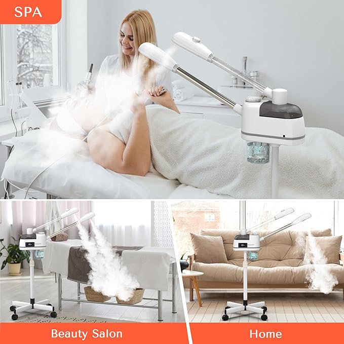 TASALON 2 in 1 Professional Facial Steamer on Wheels -with Ozone and Hot & Cold Mist, Ionic Facial Steamer Kit for Facial Deep Cleaning and Moisturize, SPA & Home, Ozone Face Humidifier (White)-Velvo Beauty