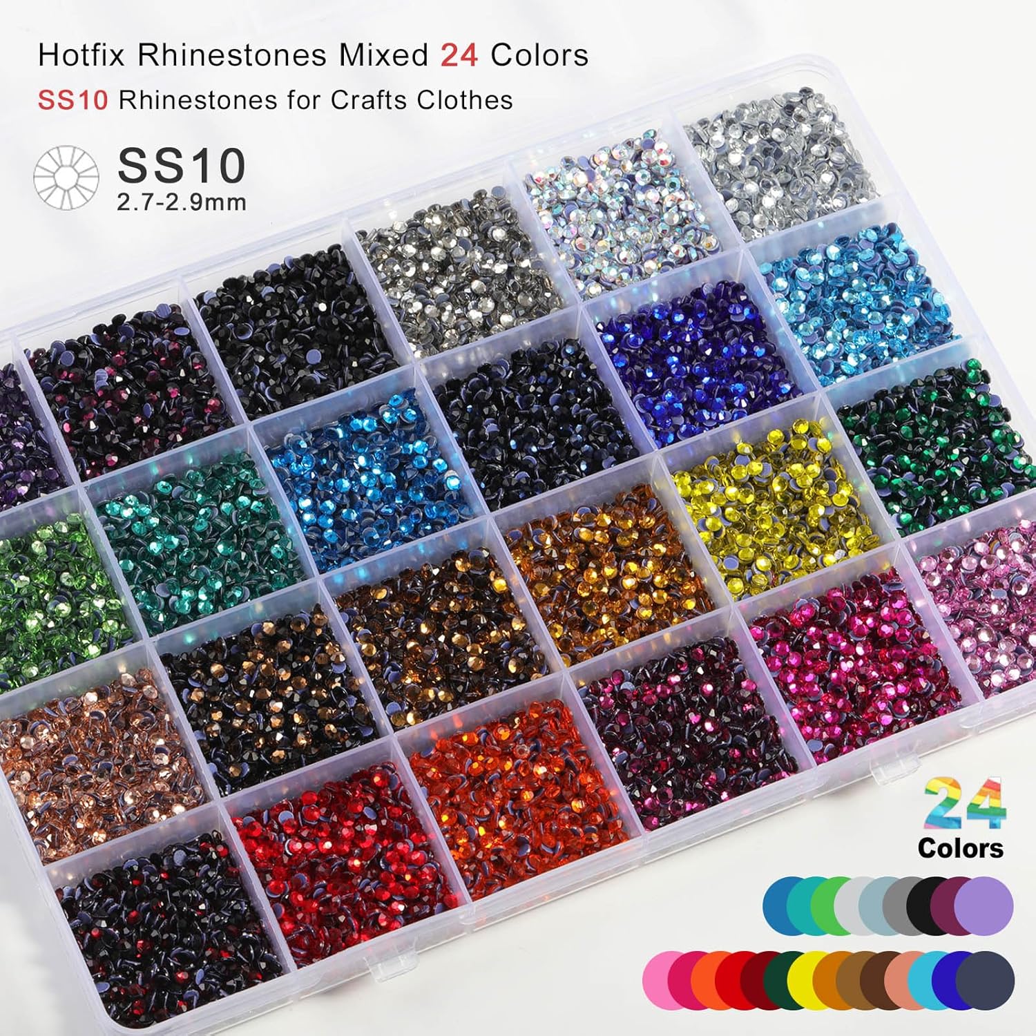 Hotfix Rhinestones Mixed 24 Colors, SS10 Rhinestones for Crafts Clothes, Hotfix Crystals with 1 Tweezers, 1 Wax Pencil and 1 Spoon-Velvo Beauty