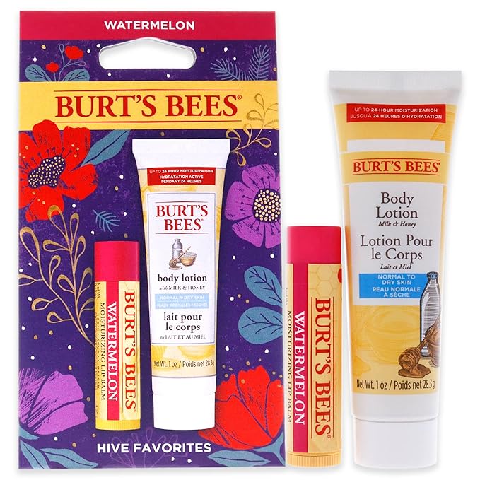 Burts Bees Hive Favorites Kit - Watermelon Unisex -0.15oz Watermelo Lip Balm, 1oz Body Lotion with Milk and Honey 2 Pc,White-Velvo Beauty