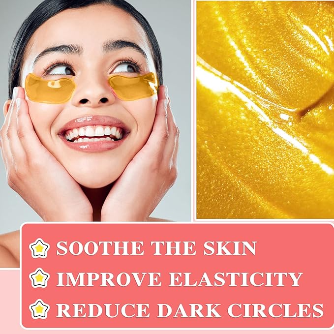 30 Pairs 24K Gold Under Eye Patches,Crystal Collagen Under Eye Mask,Puffy Eyes and Dark Circles Treatments,Moisturising&Hydrating Under Eye Patch Pads for Reducing Fine Lines Eye Bags(Gold)-Velvo Beauty