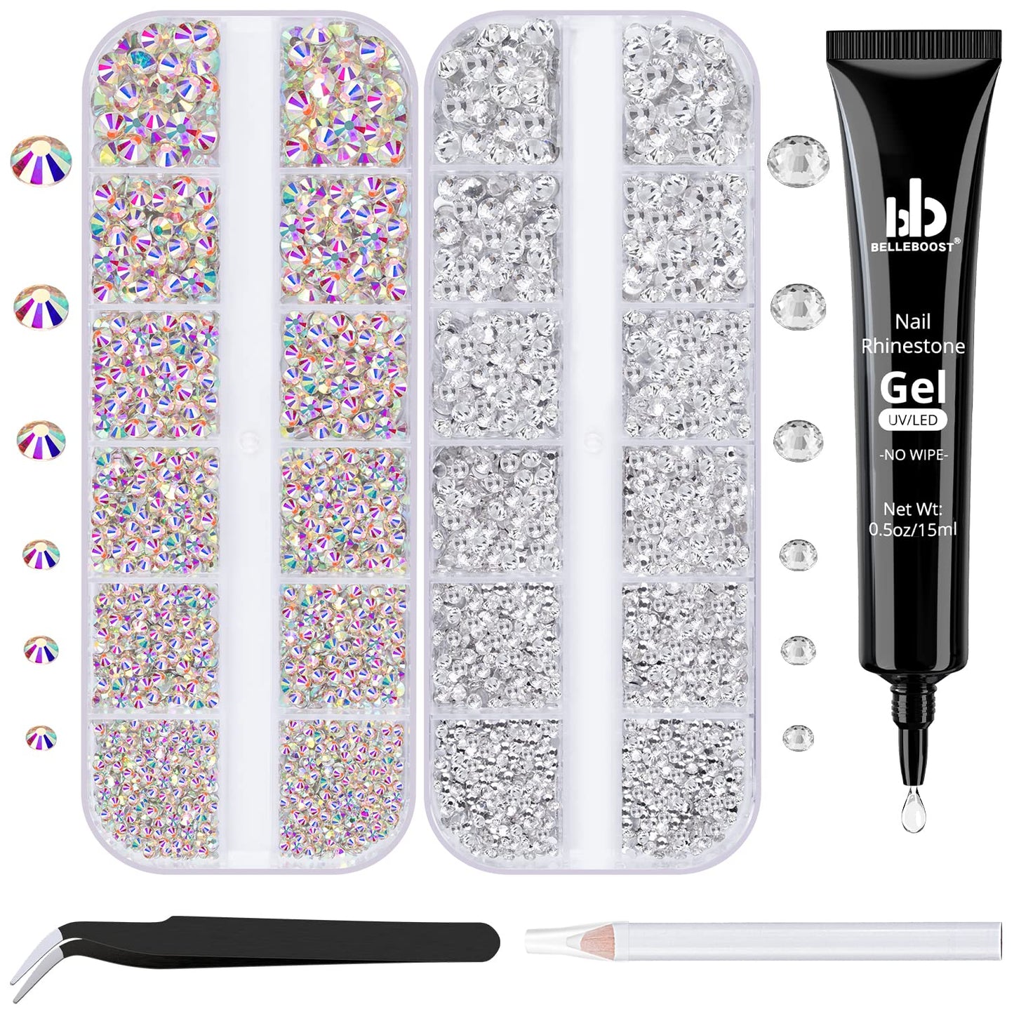 Nail Art Rhinestone Glue Gel&2 Boxes Flatback Gems Kit, 1 Tube of 15ml Rhinestone Gel Glue(UV/LED Needed)+Crystal AB Gems+Flat-Back Round Glass Clear Gemstones with Pickup Tools-Velvo Beauty