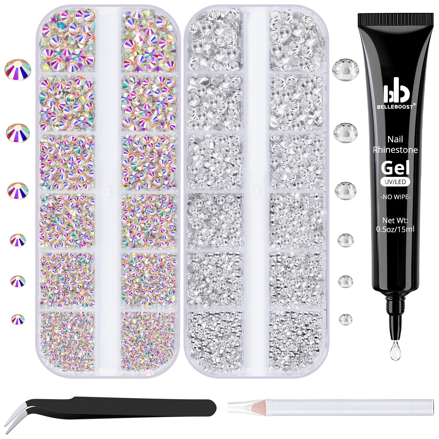 Nail Art Rhinestone Glue Gel&2 Boxes Flatback Gems Kit, 1 Tube of 15ml Rhinestone Gel Glue(UV/LED Needed)+Crystal AB Gems+Flat-Back Round Glass Clear Gemstones with Pickup Tools-Velvo Beauty