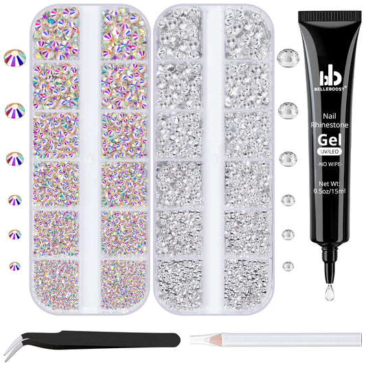 Nail Art Rhinestone Glue Gel&2 Boxes Flatback Gems Kit, 1 Tube of 15ml Rhinestone Gel Glue(UV/LED Needed)+Crystal AB Gems+Flat-Back Round Glass Clear Gemstones with Pickup Tools-Velvo Beauty