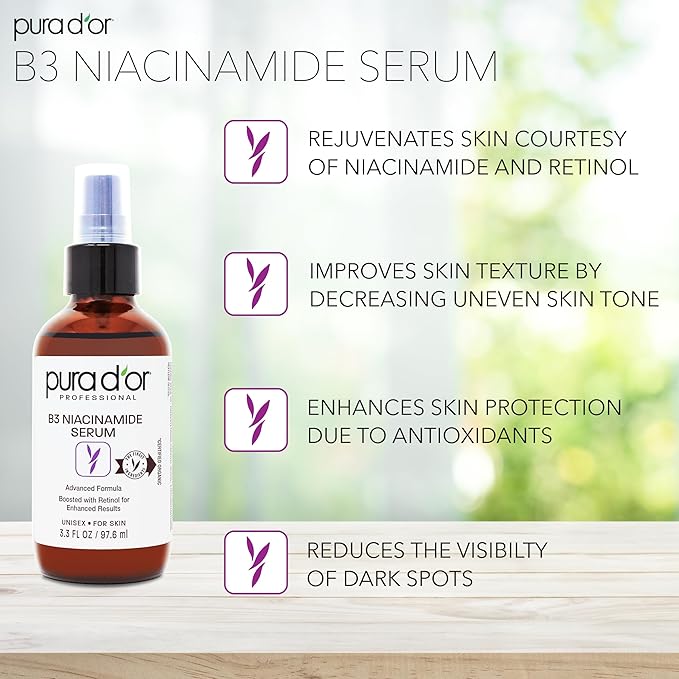 PURA D'OR B3 Niacinamide Advanced Facial Serum (3.3oz x3 = 9.9oz) Skin Care Formula with Retinol For Wrinkles, Hydration & Complexion - All Skin Types, Hypoallergenic - Women & Men-Velvo Beauty