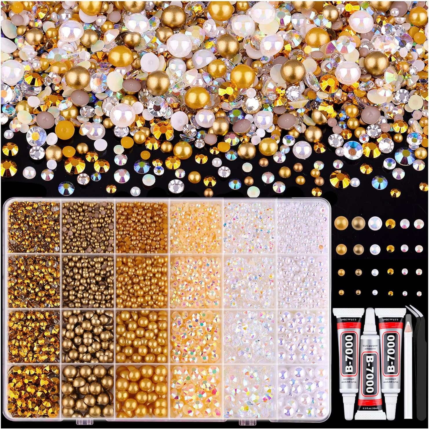 9000PCS Flatback Pearls and Rhinestones for Crafting, White Brown 3-10mm Resin Rhinestones and Half Pearls for Bedazzling, Nail Art and Dec with 3pcs B7000 Jewelry Glue, Tweezer and Pickup Pencil-Velvo Beauty