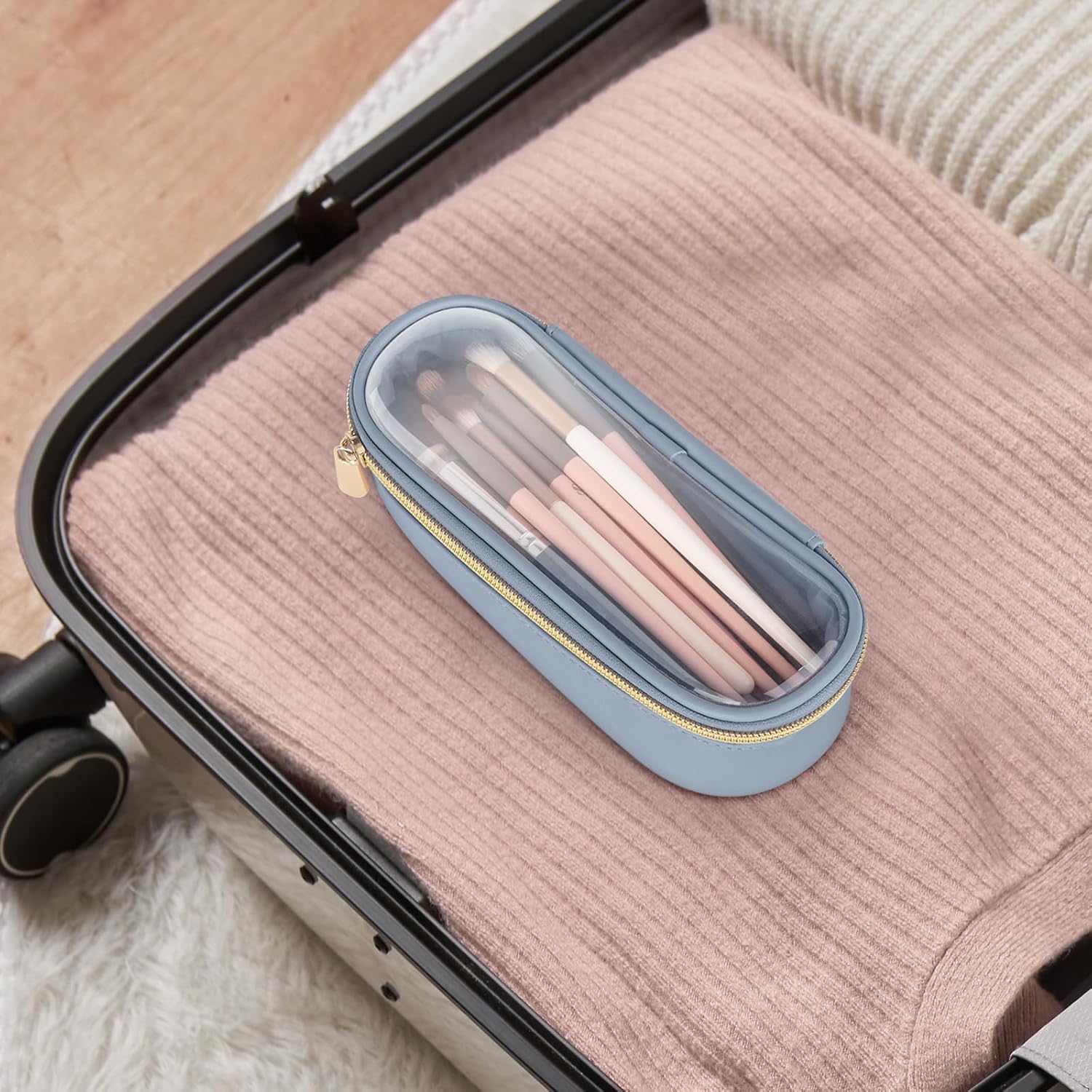 Clear Travel Makeup Brush Holder, Leather Makeup Brush Toiletry Bag, Portable Cosmetic Brush Case, Transparent Waterproof Makeup Brush Storage Bag, Blue-Velvo Beauty