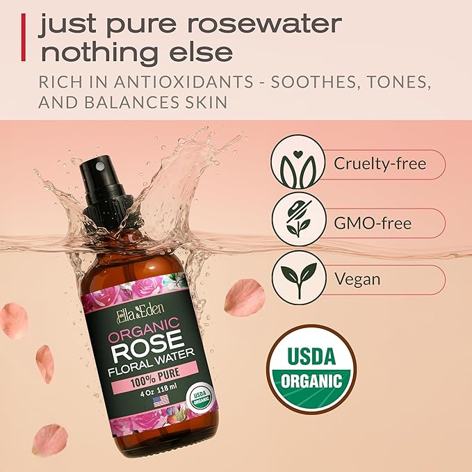 Ella & Eden Organic Rose Water Spray for Face, Hair 4 Fl Oz | USDA Certified 100% Pure Steam Distilled Hexane-Free | Hydrating, Refreshing Facial Mist for All Skin Types-Velvo Beauty