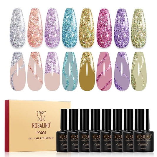 ROSALIND Glitter Gel Nail Polish, 8 Color Gold Glitter Gel Polish Sparkle Diamond Effect Sparkling Collection Soak Off Led Nail Art DIY Salon Gifts For Women-Velvo Beauty