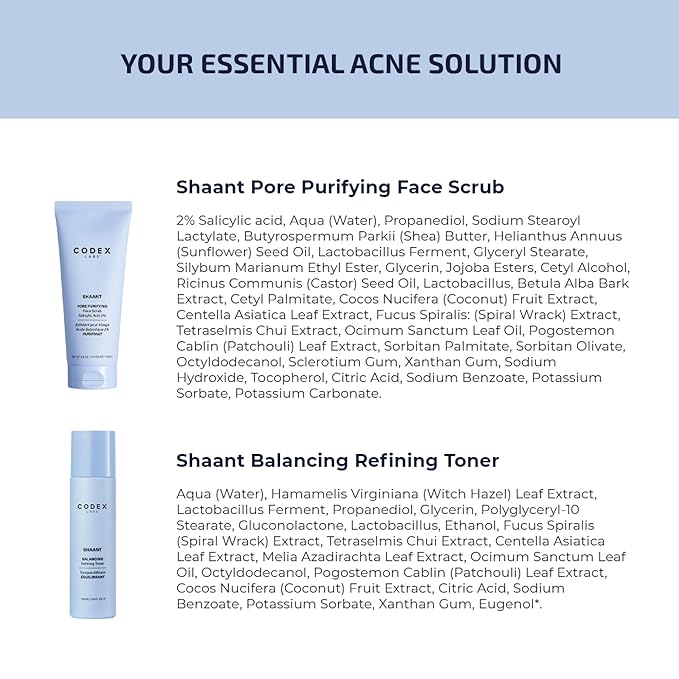 Codex Labs Shaant Deep Cleanse & Tone Kit, Pore Purifying Scrub (100g) & Refining Toner (100ml) - Oil Control & Pore Minimizer - for Acne Prone Skin - with 2% Salicylic Acid, 2% Gluconolactone (PHA)-Velvo Beauty