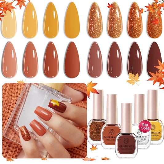 AZUREBEAUTY Fall Nail Polish Set, 4 Colors Yellow Orange Brown Glitter Quick Dry Natural Nail Lacquer Strengthening Treatment Kit with Top Coat DIY Salon at Home-Velvo Beauty