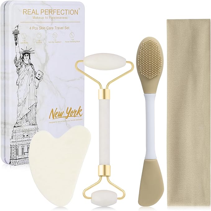 Real Perfection Gua Sha Facial Tools Face Roller for Wrinkles Jade Roller and Gua Sha Set, Scrubber Pore Brush Headband Skin Care Tools for Travel Skincare Routine Massaging Reducing Puffiness - White-Velvo Beauty