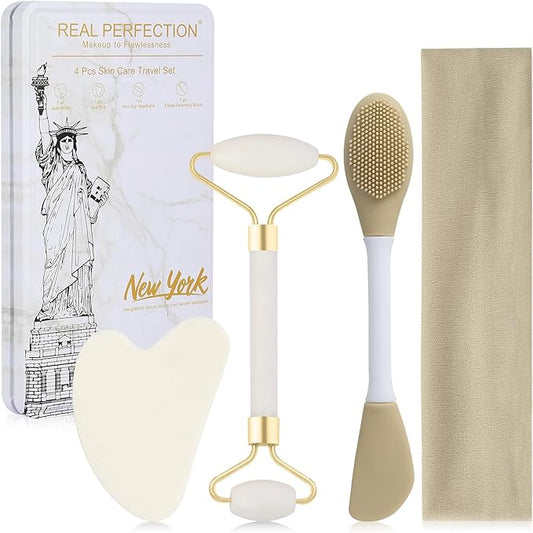 Real Perfection Gua Sha Facial Tools Face Roller for Wrinkles Jade Roller and Gua Sha Set, Scrubber Pore Brush Headband Skin Care Tools for Travel Skincare Routine Massaging Reducing Puffiness - White-Velvo Beauty