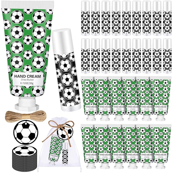 36 Sets Soccer Lip Balm Hand Cream Set soccer Party Favors, Include 36 Lip Balm 36 Moisturizing Hand Cream 36 Bags 36 Cards and Ropes for Soccer Accessories Gifts-Velvo Beauty