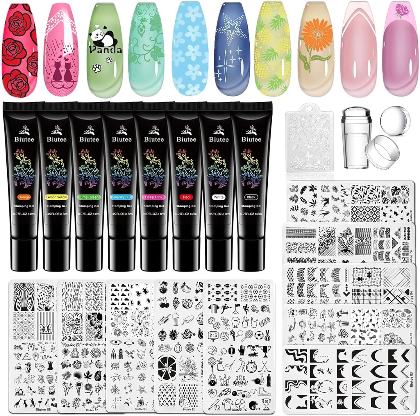 Biutee Nail Stamping Plates Set 8pcs Nail Stamping Polish Gel, 10pcs Nail Stamper Kit with Stamper, Nail Art Plates Set for Women Girls DIY Salon & Home-Velvo Beauty