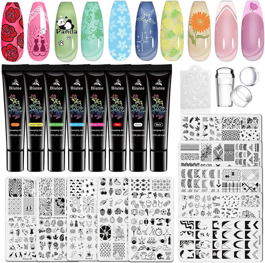 Biutee Nail Stamping Plates Set 8pcs Nail Stamping Polish Gel, 10pcs Nail Stamper Kit with Stamper, Nail Art Plates Set for Women Girls DIY Salon & Home-Velvo Beauty