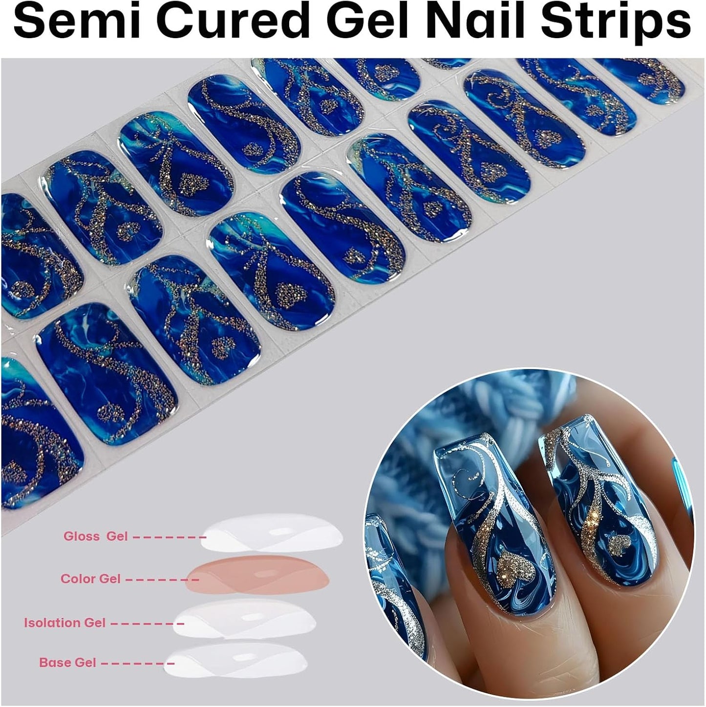 Semi Cured Gel Nail Strips with Gold Heart Designs Blue Gel Nail Strips Glossy Stickers Salon Quality & Easy to Use for Women 20 Pcs-Velvo Beauty