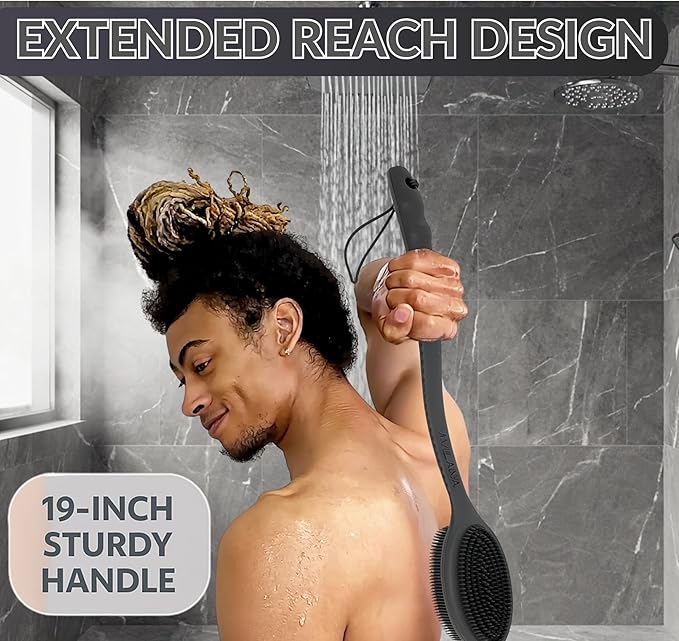 Avilana Silicone Body Scrubber – Gentle Shower Brush & Loofah Alternative- Food Grade & Lab Tested – Fast-Drying, Hygienic, BPA-Free Silicone Body Gentle Exfoliator (Blue, Long Handle)-Velvo Beauty