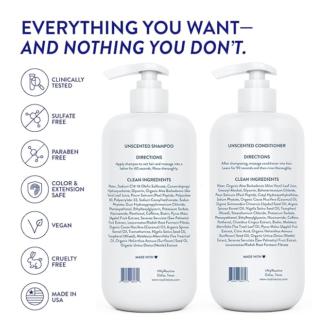 Routine Wellness Shampoo and Conditioner Set and Hair Serum for Thinning Hair - DHT Blocker Women & Men - Color Safe Shampoo for Hair Loss & Hair Growth - Unscented Set + Serum-Velvo Beauty
