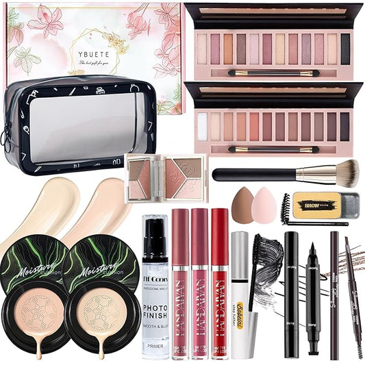 Makeup Set Kit for Women Full Kit, Makeup Present for Women Teen Girl, Eyeshadow CC Cream Face Primer Brush 3 in 1 Palette Lip Gloss, Eyebrow Soap Mascara Eyeliner Makeup bag-Velvo Beauty