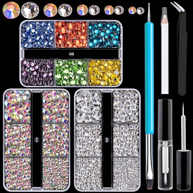 Colorful Face Gems for Makeup Set, Flatback Gorgeous AB+Clear+Mixed-Colored Glass Gems with Picker Pencil, Makeup Glue, Dual-End Dotting Tool and Tweezer for Eye Body Hair Make-up and Nail Art Deco-Velvo Beauty