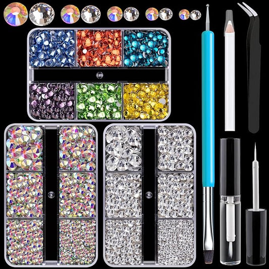 Colorful Face Gems for Makeup Set, Flatback Gorgeous AB+Clear+Mixed-Colored Glass Gems with Picker Pencil, Makeup Glue, Dual-End Dotting Tool and Tweezer for Eye Body Hair Make-up and Nail Art Deco-Velvo Beauty