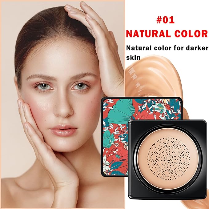 Mushroom Head Air Cushion CC Cream BB Cream Foundation Face Makeup,Full Coverage Foundation Moisturizing Concealer Makeup Base,Long Lasting Cushion Foundation with Mushroom Makeup Sponge (Natural)-Velvo Beauty
