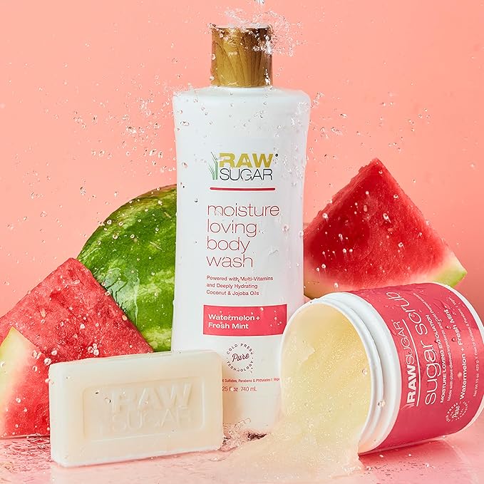 RAW SUGAR Simply Body Wash Variety Trio (25 Fl Oz, Pack of 3) Vegan Bath & Shower Gel, Raw Coconut + Mango, Pineapple + Maqui Berry + Coconut and Watermelon + Fresh Mint, No Sulfates & Parabens-Velvo Beauty