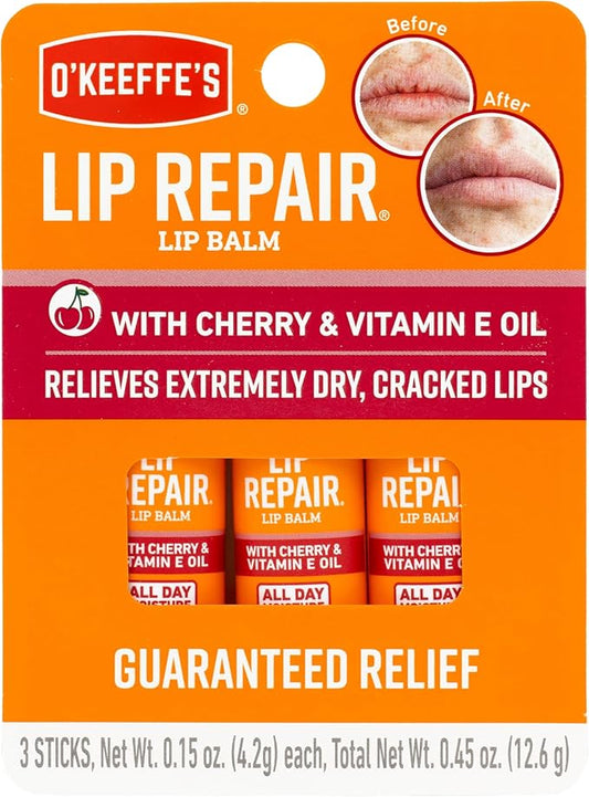 O'Keeffe's Lip Repair Lip Balm with Cherry & Vitamin E Oil, Stick (Pack of 3)-Velvo Beauty