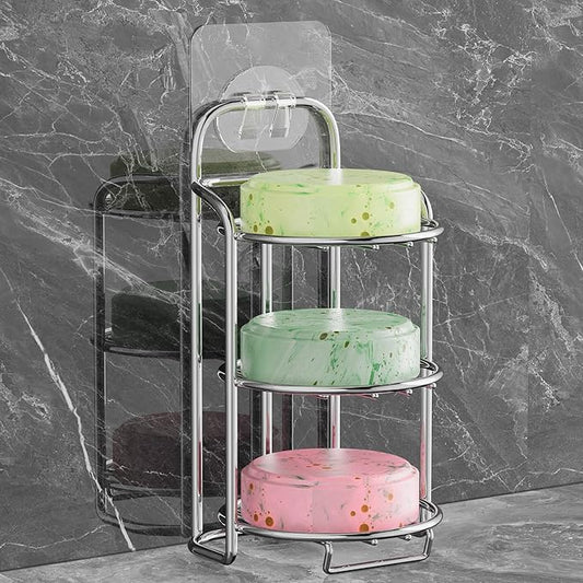 Silver 3-Tier Shower Soap Shampoo Bar Holder, Self Adhesive & Freestanding Draining Soap Dish Caddy for Bathroom Wall Accesories Decor-Velvo Beauty