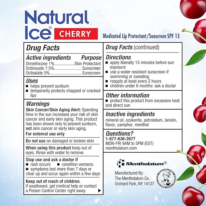 Natural Ice Cherry - SPF 15 lip balm, Cherry Flavor, 0.15 Ounce (Pack of 12)-Velvo Beauty