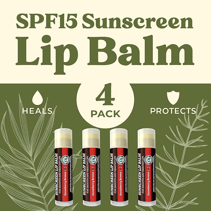 SPF Lip Balm 4-Pack by Earth's Daughter - Lip Sunscreen, SPF 15, Organic Ingredients, Strawberry Flavor, Beeswax, Coconut Oil, Vitamin E - Hypoallergenic, Paraben Free, Gluten Free-Velvo Beauty