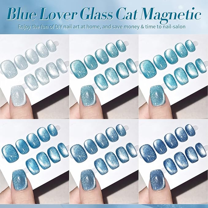 BORN PRETTY Magnetic Gel Nail Polish Blue Water Light Cat Magnetic Eye Gel Jelly Glass Crystal Magnetic Gel Polish Glitter Shimmer Auroras Magnetic Gel Nail Art Manicure Kit 6PCS-Velvo Beauty