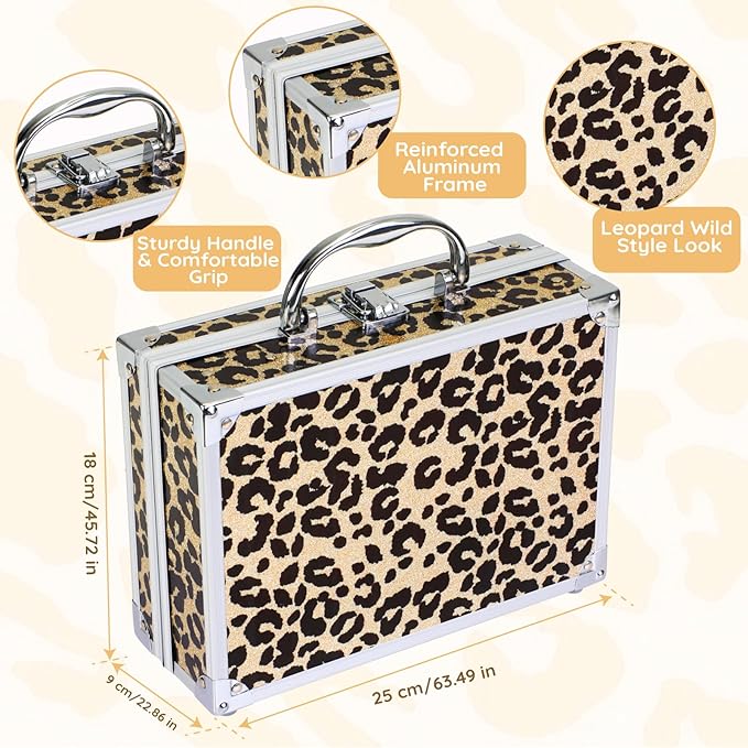 Anpro All-In-One Leopord Double Folding Makeup Carry Case with Pro Teen Makeup Set, Full Starter Kit with Makeup Brushes, Lipsticks, Eyeshadow Palette, Blushes, Glitter Gel, Ideal Present for Girls-Velvo Beauty