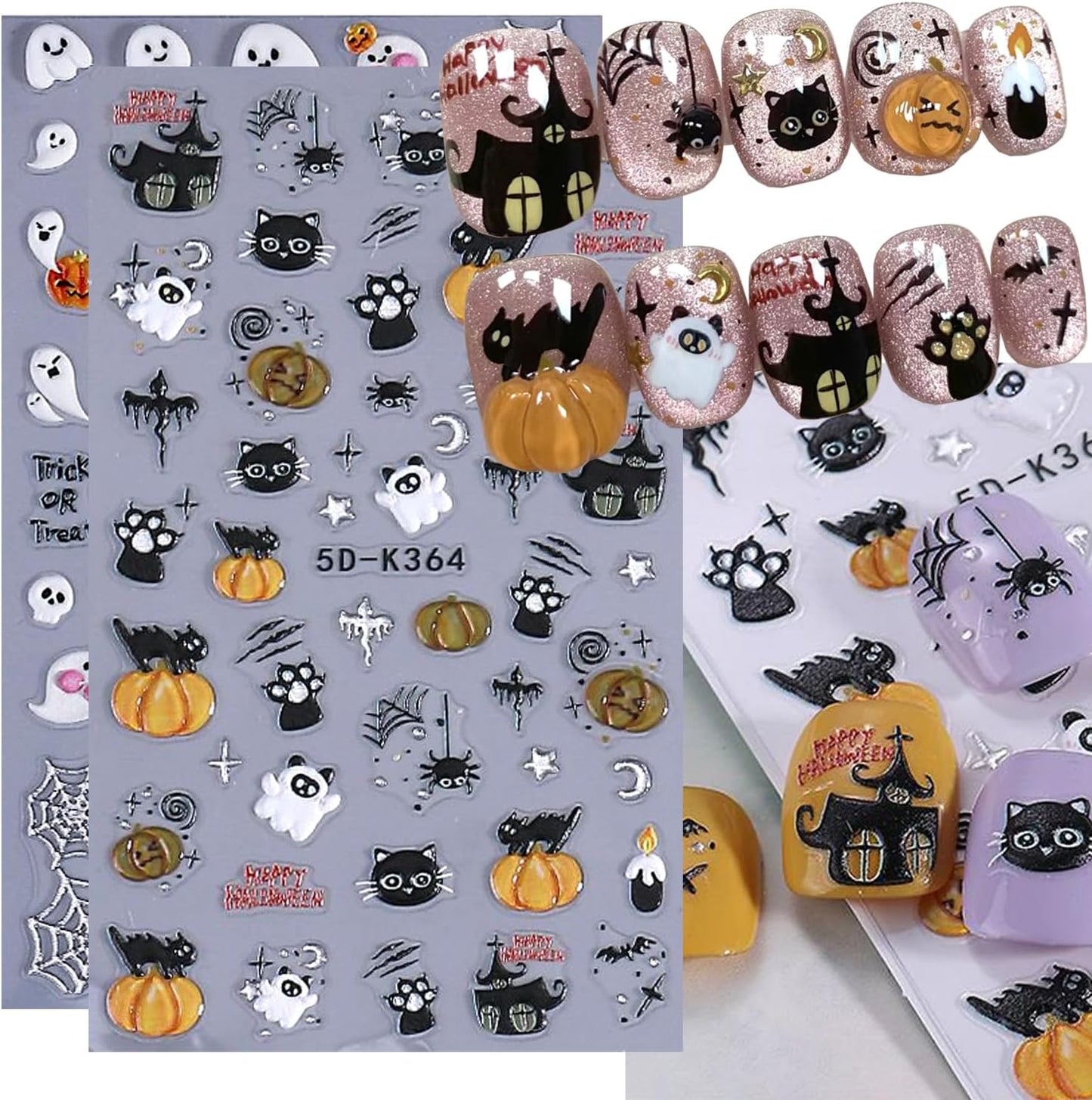 2Sheet Halloween Nail Art Stickers 5D Relief Cartoon Ghost Cat Dark Self-Adhesive Sticker Nail Decals Cute Ghost Pumpkin Pattern Nail Art Slider DIY for Women Girl Cute Halloween Nail Decoration-Velvo Beauty