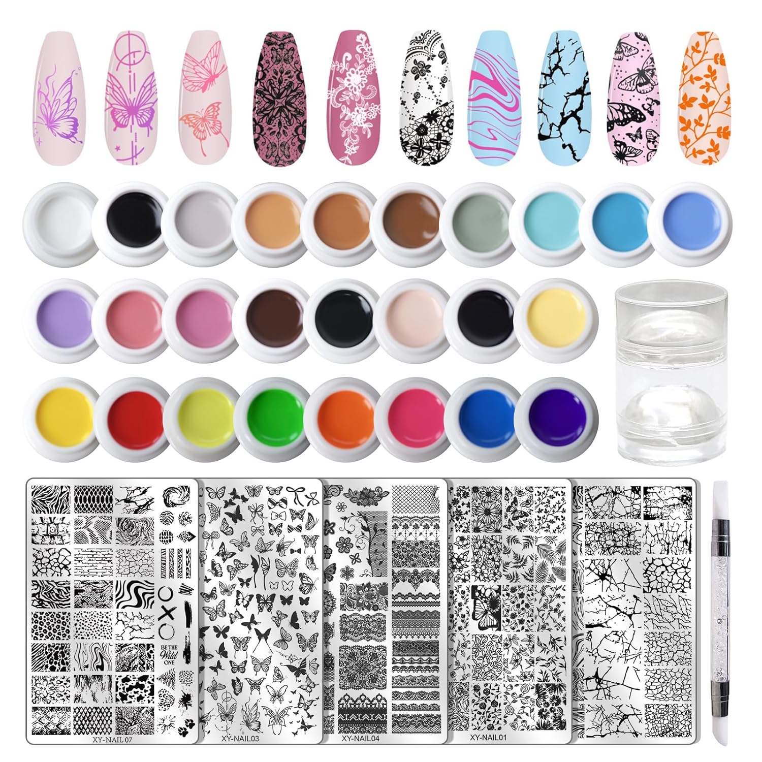 Nail Art Stamping Kit - 26 Color Gels with 5 Stainless Steel Plates, Dual-Ended Silicone Stamper & Scraper - DIY Nail Design Set for Beginners and Pros-Velvo Beauty