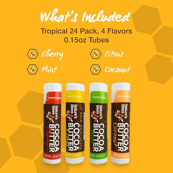 Nature's Bees - Cocoa Butter Lip Balm Moisturizer - Tropical 24 Pack, 4 Flavors - Citrus, Coconut, Cherry, & Mint - Made w/Coconut Oil, Beeswax, Vitamin E, Aloe, Shea Butter - 0.15oz (4.2g)-Velvo Beauty