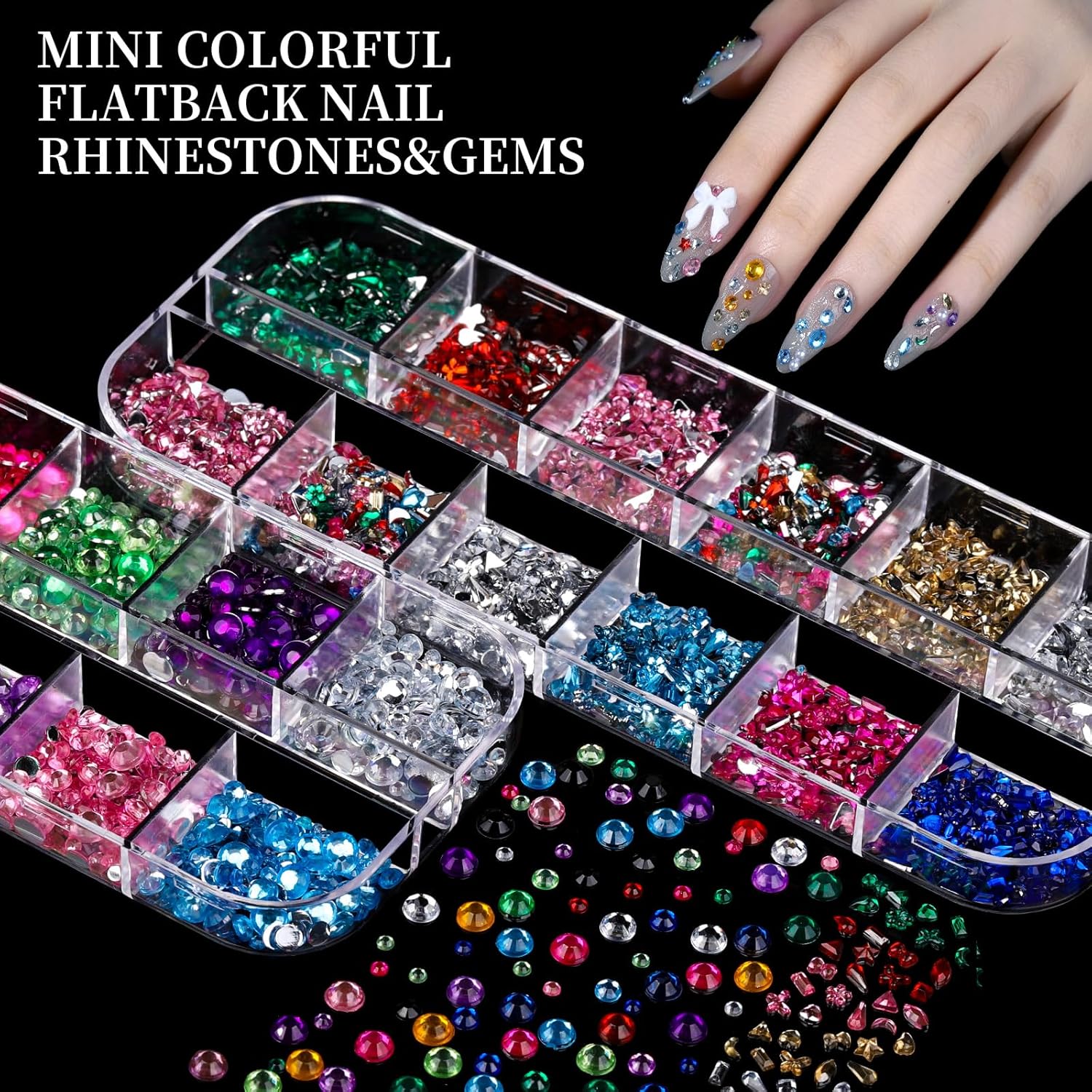 FANDAMEI Nail Charms, 8-Box Nail Charms and Gems, Fruit Bow Hawaii Flowers Petals 3D Nail Art Charms Bulk, Colorful Bubble Beads Nail Rhinestones, Gold Studs Flatback Nail Pearls for DIY-Velvo Beauty