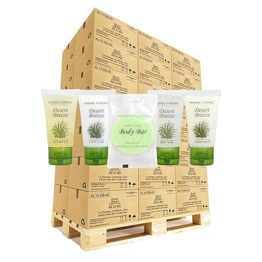 Desert Breeze Hotel Soaps and Toiletries Bulk Set | 1oz Hotel Shampoo & Conditioner, Body Wash, Body Lotion & Bar Soap | Full Pallet 49 cases with 300 units each - 14,700 pieces-Velvo Beauty