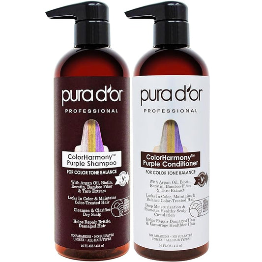 PURA D'OR Purple Shampoo & Conditioner (16oz x 2) ColorHarmony Biotin Set For Bleached, Blonde, Silver & Color Treated Hair - Keratin, Bamboo Fiber, No Sulfates - Men & Women-Velvo Beauty