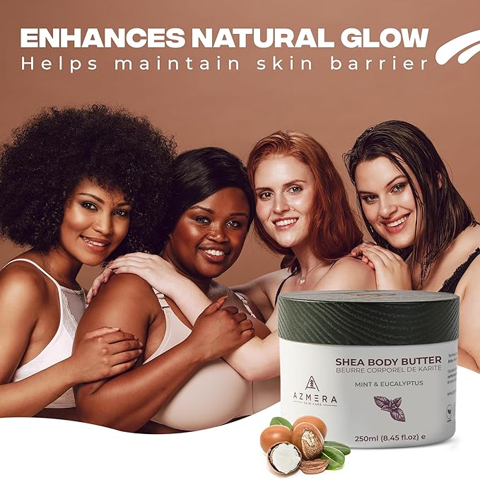 AZMERA Handcrafted Whipped Shea Body Butter – Refreshing Mint & Eucalyptus Scented Moisturizer for Dry, Sensitive Skin, Argan Oil & Vitamin E – Vegan, Non-Greasy Skincare – 8.82 oz-Velvo Beauty