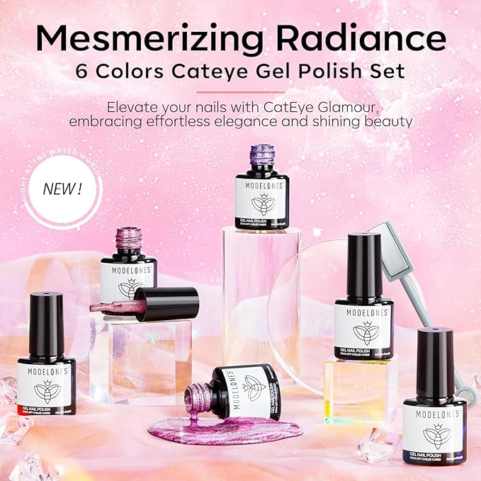 modelones Holographic Glitter Cat Eye Gel Nail Polish Kit 6 Colors with Magnet Romantic Rainbow Galaxy Series Pastel Gel Polish Soak Off Led Gel Nail Polish Set Nail Art Gel Manicure Salon DIY Gifts-Velvo Beauty