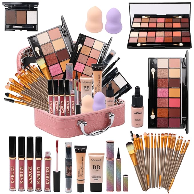 All in One Makeup Kit for Makeup storage bag 2X14 Colors Eyeshadow Palette Liquid Foundation Eyeliner Pencils Contouring Stick Lip Gloss Eyebrow Pencils 20Pcs Makeup Brushes etc For Women Girls Teens (Pink)-Velvo Beauty