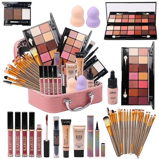 All in One Makeup Kit for Makeup storage bag 2X14 Colors Eyeshadow Palette Liquid Foundation Eyeliner Pencils Contouring Stick Lip Gloss Eyebrow Pencils 20Pcs Makeup Brushes etc For Women Girls Teens (Pink)-Velvo Beauty