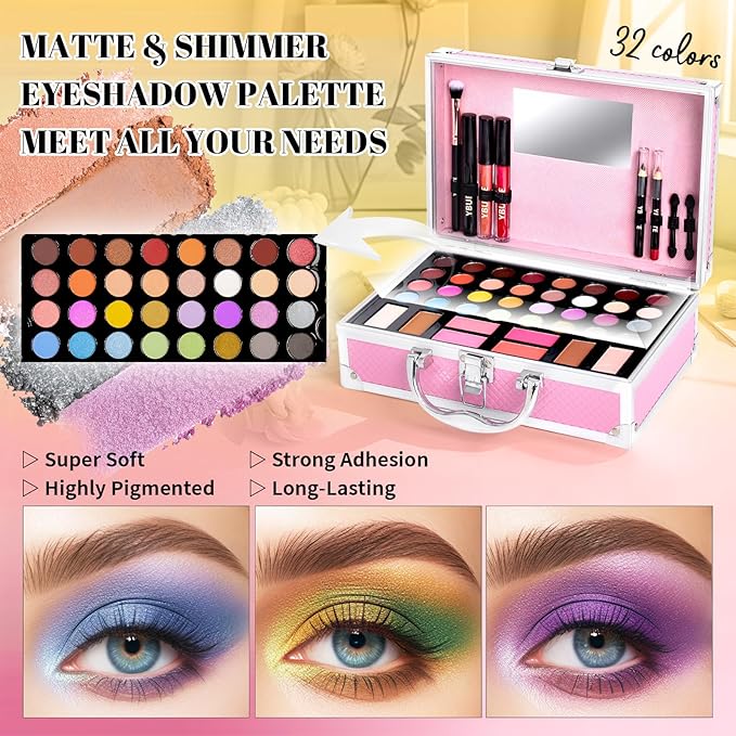 Beginner Makeup Kit for Teen,Makeup Gift Set for Girl Women,Beginner Makeup Kit with Cosmetic Train Case Included 32 Colors Eyeshadow Blusher Contour Lip Gloss Lip Liner Mascara Eyeliner Mirror-Velvo Beauty
