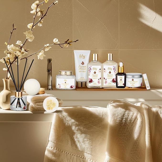 Mothers Day Gifts for Mom Spa Gift Basket Set for Women 17-Piece Almond Luxury Spa Gift Set Bath & Body Care Kit with Shower Gel, Body Cream | Valentine's, Christmas, Birthday Gifts for Her, Wife, Mom-Velvo Beauty