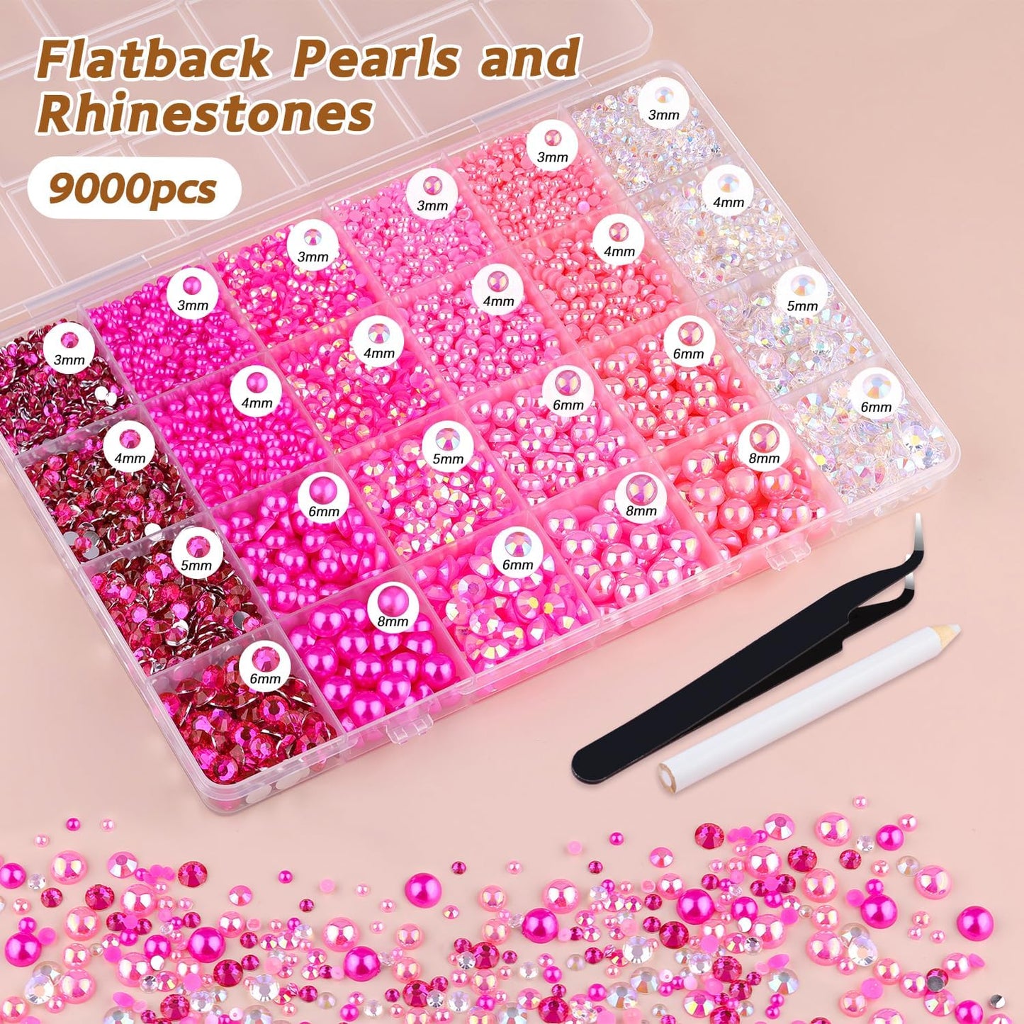 9000PCS Flatback Pearls and Rhinestones for Crafting, Dark Pink Mixed Size 3-10mm Resin Rhinestones and Half Pearls for Bedazzling, Nail Art and Decoration with Tweezer and Pickup Pencil-Velvo Beauty
